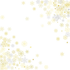 Gold snowflakes frame on white background. New year theme. Stylish shiny Christmas frame for holiday banner, card, sales, special offers. Falling snow with gold snowflakes and glitter for party invite