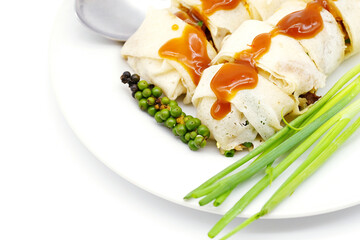 Thai Fresh Spring roll Snack with sweet sauce isolated on white background.