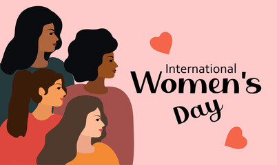 International Women s Day 8 March. Vector illustration with women of different nationalities and cultures. Fight for freedom, independence, equality. Vector illustration