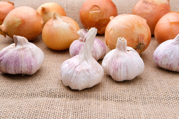 Onions and garlic bulbs are on the table. Rough burlap tablecloth. Fragrant organic ingredients.