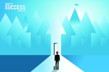 The path to success Businessmen stand in front of illuminated gates on the path to a successful business. Business concept vector illustration