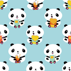 Obraz premium Cute Kawaii vector panda seamless pattern background. Sitting cartoon bears holding backpacks, notebooks, pencil holders pencils on blue backdrop. Fun character repeat for back to school concept