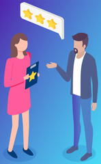 People work with star rating system. Colleagues discussing assessment. Business man and woman communicate and work together. Business meeting concept. Girl is standing with clipboard in her hands