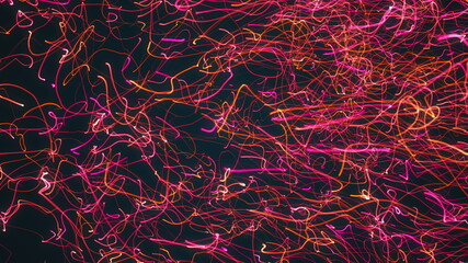 Many chaotic color neon flowing strings. Computer generated abstract background, 3d render
