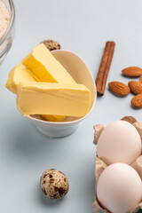 Dough preparing, flour, eggs, butter, sugar