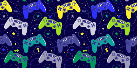 Seamless bright pattern with joysticks. Video game controller gaming cool print for boys and girls. Print for textiles, sportswear.