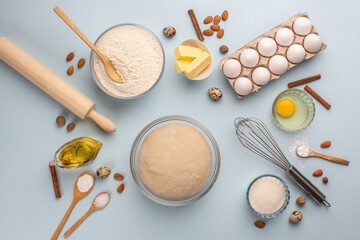 Dough preparing, flour, eggs, butter, sugar