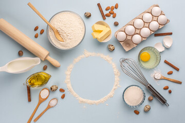 Dough preparing, flour, eggs, butter, sugar