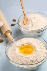 Dough preparing, flour, eggs, butter, sugar