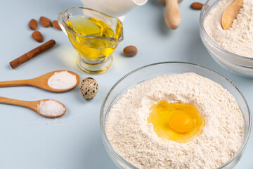 Dough preparing, flour, eggs, butter, sugar