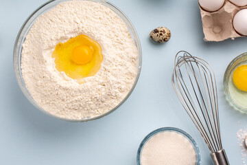 Dough preparing, flour, eggs, butter, sugar