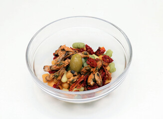 Seafood meal in glass bowl