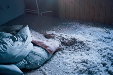 Fototapeta na wymiar Bed linen in abandoned hotel bedroom
