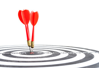 Target hit in the center by arrows. Success goals Targeting the business concept. Target and goal as concept. isolated on white background.