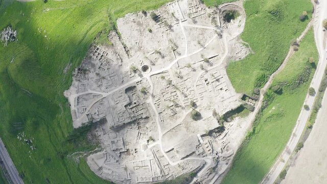 Tel Megiddo national park, Also known in Greek as Armageddon, A prophesied town for a battle during the end times, Aerial view.
