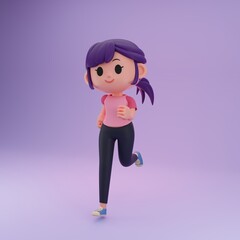 3d render illustration of cute teenager girl running, jogging on light purple color background