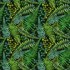 Watercolor seamless pattern witn green leaves fern. Hand drawn floral illustration on dark background.