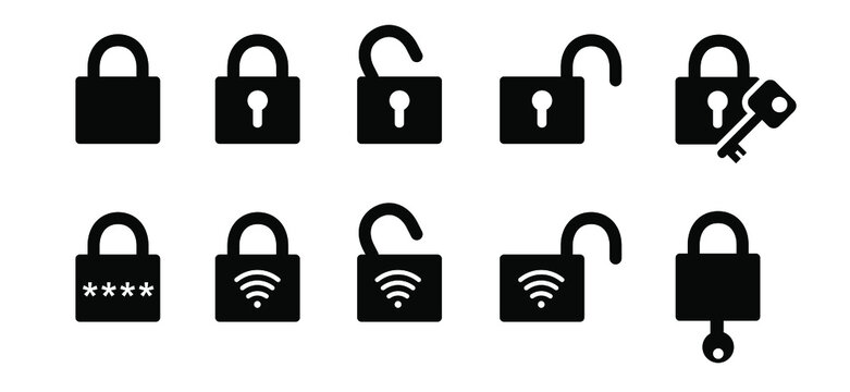 Padlock icons. closed lock, opened lock, keyhole in head, card protection. Flat vector locks signs. Close or open padlocks (wiffi, Pin code, password. Access security lock)