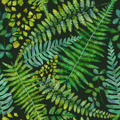 Watercolor seamless pattern witn green leaves fern. Hand drawn floral illustration on black background.
