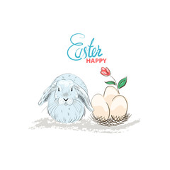 Easter Bunny Eggs and Flower. Happy Easter Party Vector