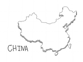 Hand Drawn of China 3D Map on White Background.