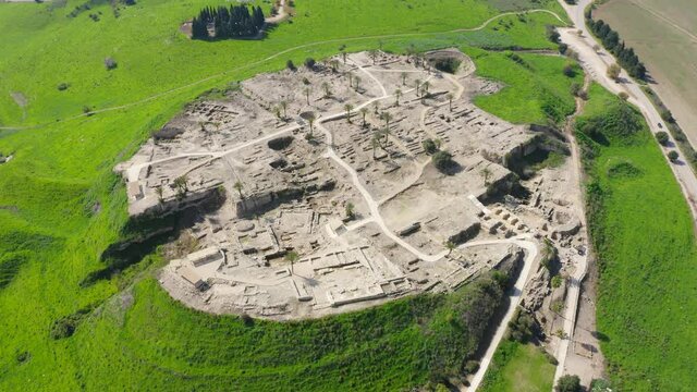 Tel Megiddo national park, Also known in Greek as Armageddon, A prophesied town for a battle during the end times, Aerial view.
