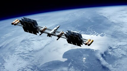 Spacecraft deploying solar panels using modern space technology during the night. Orbiting spaceship in the univers, shuttle into atmosphere. Images from NASA. 3D render animation - Powered by Adobe