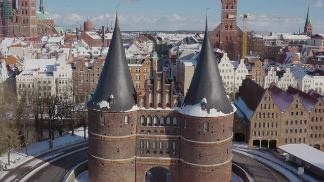 Aerial view of the Holsten Gate in L&uuml;beck after snowing