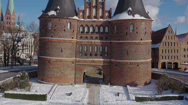 Aerial view of the Holsten Gate in L&uuml;beck after snowing