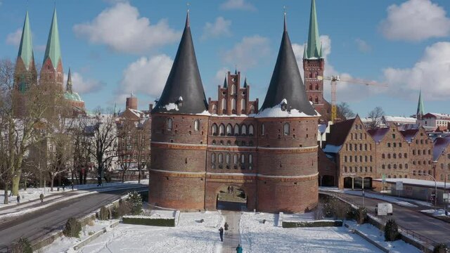 Aerial view of the Holsten Gate in L&uuml;beck after snowing