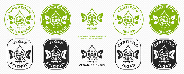 Concept for product packaging. Labeling - Vegan. The symbol for the drop tested for ingredients of animal origin is the result of a plant-based vegan product. Drop with wing-leaves. Vector set.
