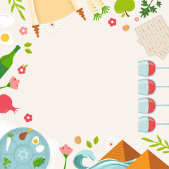Pesah celebration concept , Jewish Passover holiday. Greeting cards with traditional icons, four wine glasses, Matzah and spring flowers. vector illustration