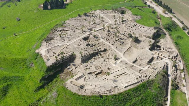 Tel Megiddo national park, Also known in Greek as Armageddon, A prophesied town for a battle during the end times, Aerial view.
