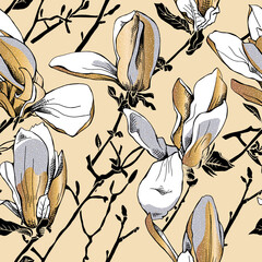 Floral Seamless pattern. Gold Magnolia flowers on a light beige background. Textile composition, hand drawn style print. Vector illustration.