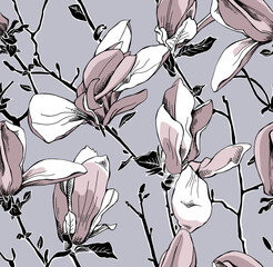 Seamless pattern. Light pink Magnolia flowers on a gray background. Textile composition, hand drawn style print. Vector illustration.