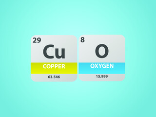 Copper Oxide CuO molecule. Simple molecular formula consisting of Copper, Oxygen ,  elements. Chemical compound simplified structure on blue background, for chemistry education 
