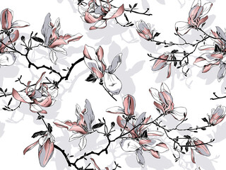 Fototapety  Floral Seamless pattern. Pink Magnolia flowers on a white background. Textile composition, hand drawn style print. Vector illustration.