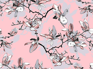 Floral Seamless pattern. Magnolia flowers on a light pink-gray background. Textile composition, hand drawn style print. Vector illustration.