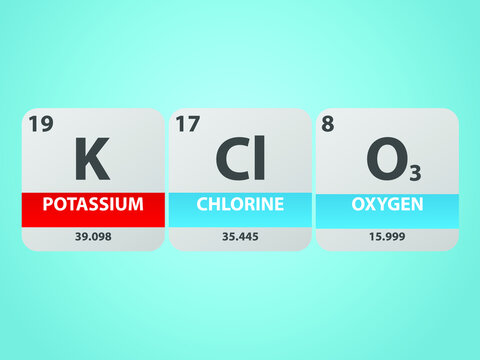 Potassium chlorate KClO3 molecule. Simple molecular formula consisting of Potassium, Chlorine , Oxygen elements. Chemical compound simplified structure on blue background, for chemistry education 
