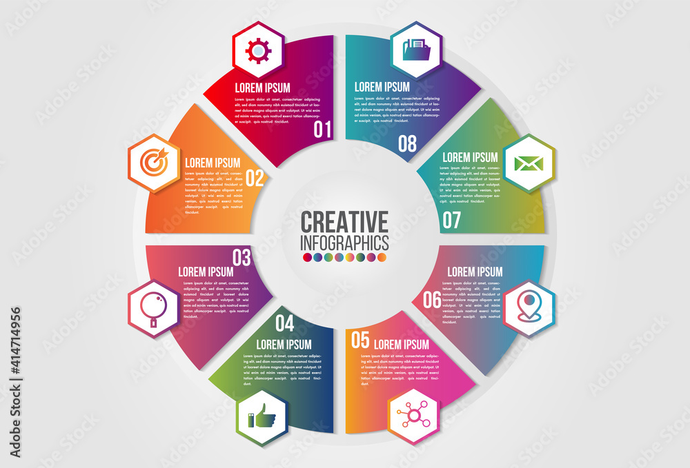 Sticker infographics chart 8 steps options business concept horizontal timeline process template. vector mod