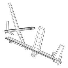 Military drone combat unmanned aerial vehicle. Recon aircraft plane. Wireframe low poly mesh vector illustration.