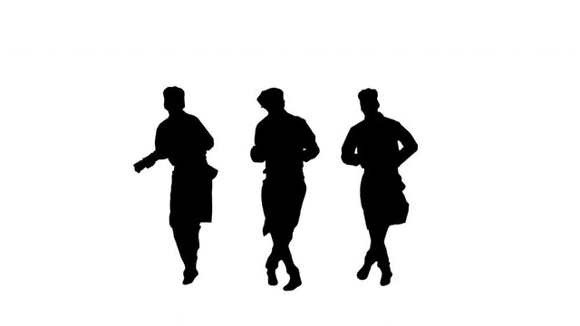 Silhouette Three funny chef cooks in red uniform dancing against green background.