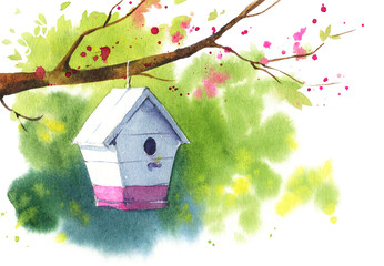 Wooden white birdhouse on a blooming tree branch, spring watercolor illustration - 414715733