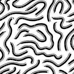 Black ink bold curves lines isolated on white background. Monochrome abstract seamless pattern. Vector flat graphic hand drawn illustration. Texture.