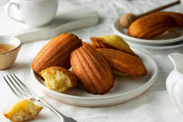 Madeleine cakes, french pastry. Served with cup of tea and honey. Breakfast. - obrazy, fototapety, plakaty