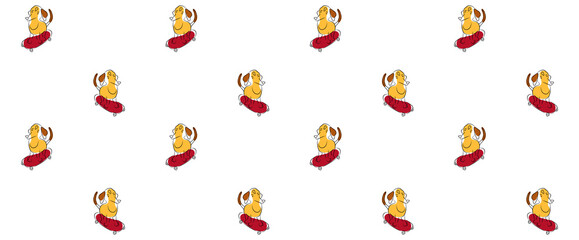 Kids clothes colorful print. Baby bedroom wallpaper seamless pattern. Funny dachshund on skate. Cool print for t-shirt, smartphone cover, notebook. Cute Doggy background. Pet shop banner. Yellow dog.