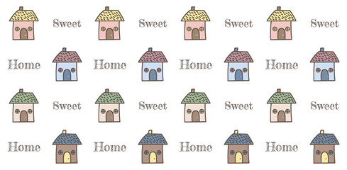 Cute hand drawn pattern with houses. Village houses doodle vector illustration seamless pattern. Fabulous colorful houses. Separate funny little constructions on a white background. Kids, baby print.