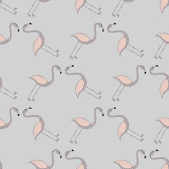 Hand drawn animal seamless pattern with exotic flamingo shapes. Grey palette artwork. Simple design.