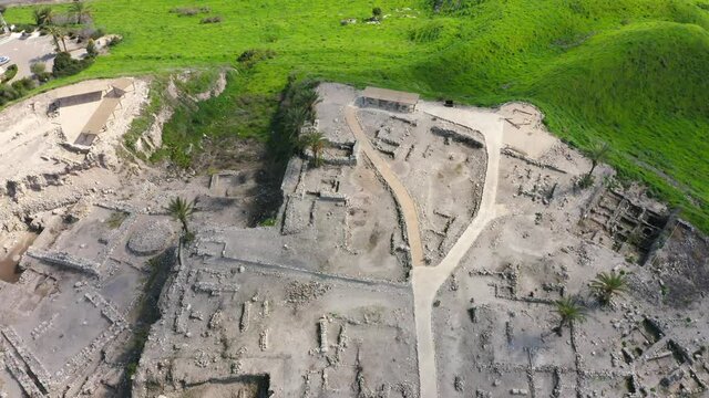 Tel Megiddo national park, Also known in Greek as Armageddon, A prophesied town for a battle during the end times, Aerial view.
