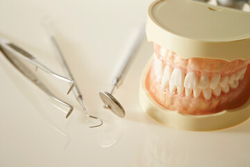 Fototapeta na wymiar Denture prosthesis and dental tools 